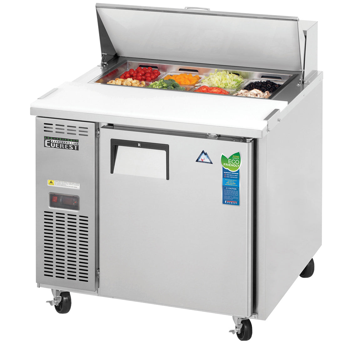 Everest EPR1 36 In. Side Mount Sandwich Prep Table, 1 Solid Door, 9 Cu. Ft., (8) 1/6 Size Pans