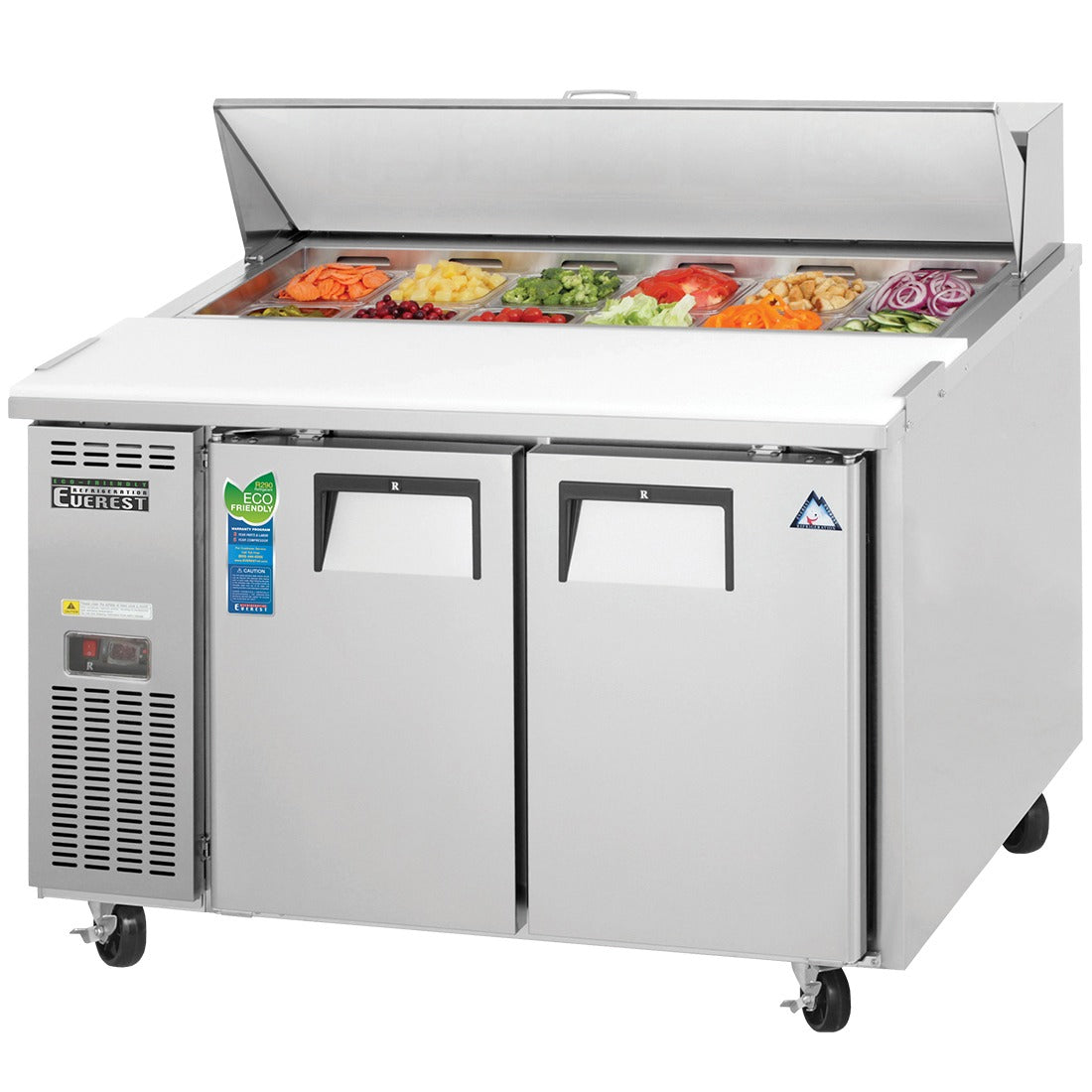Everest EPR2 48 In. Side Mount Sandwich Prep Table, 2 Solid Doors, 13 Cu. Ft., (12) 1/6 Size Pans