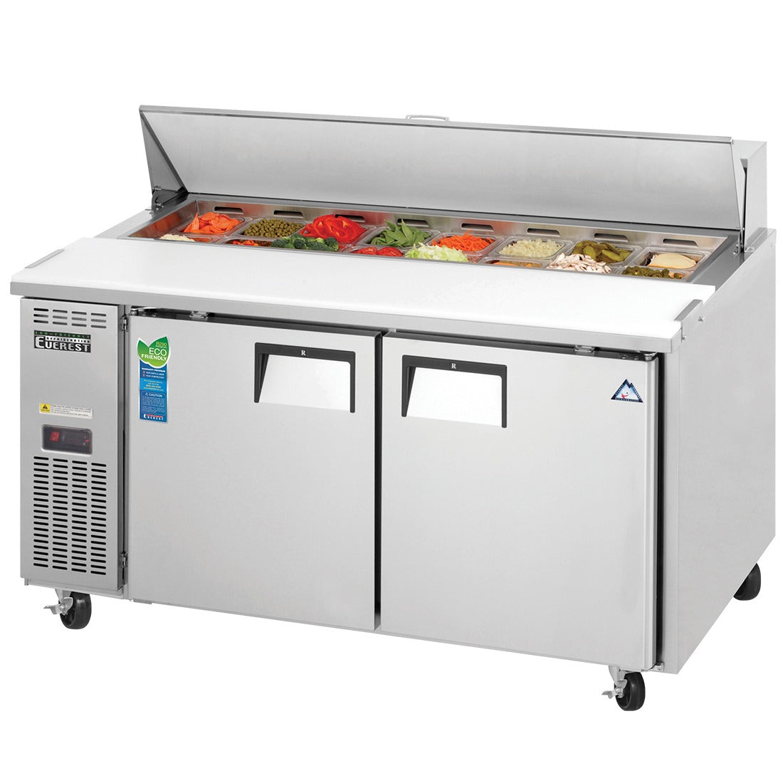 Everest EPWR2 59 In. Side Mount Sandwich Prep Table, 2 Solid Doors, 17 Cu. Ft., (16) 1/6 Size Pans