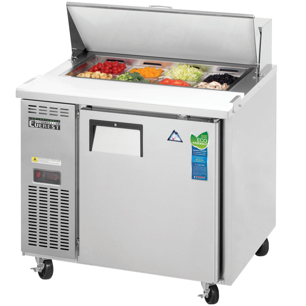 Everest EPR1-24 36 In. Side Mount Sandwich Prep Table, 24 In. Depth Class, 1 Solid Door, 6 Cu. Ft., (8) 1/9 Size Pans