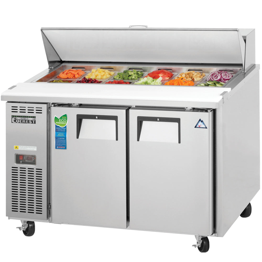 Everest EPR2-24 48 In. Side Mount Sandwich Prep Table, 24 In. Depth Class, 2 Solid Doors, 9 Cu. Ft., (12) 1/9 Size Pans