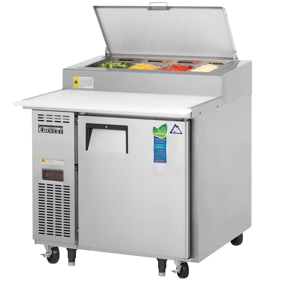 Everest EPPR1 36 In. Pizza Prep Table, Side Mount, 1 Solid Door, 9 Cu. Ft., (4) 1/3 Size Pans, 19 1/4 In. Cutting Board