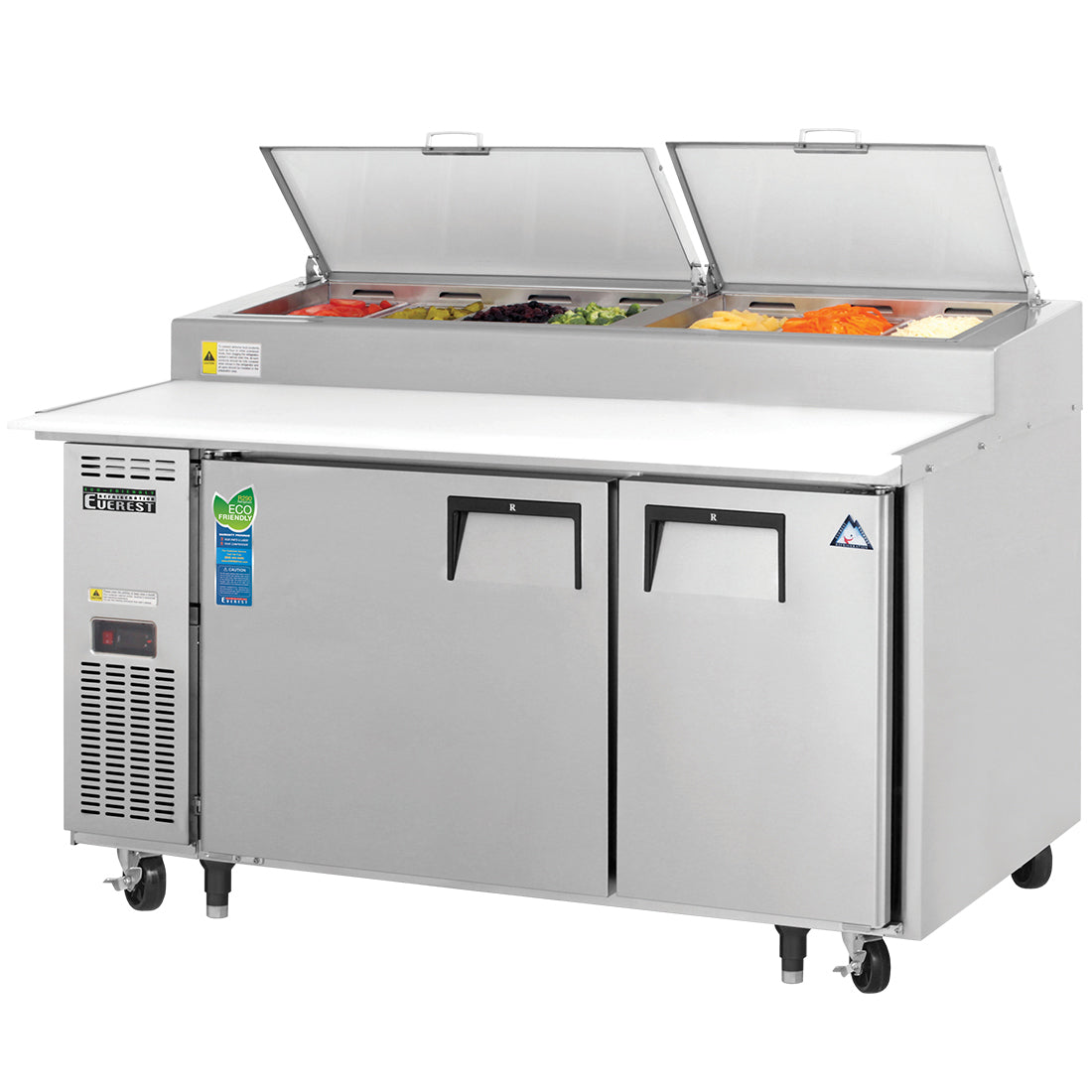 Everest EPPSR2 59 In. Pizza Prep Table, Side Mount, 2 Solid Doors, 16 Cu. Ft., (7) 1/3 Size Pans, 19 1/4 In. Cutting Board