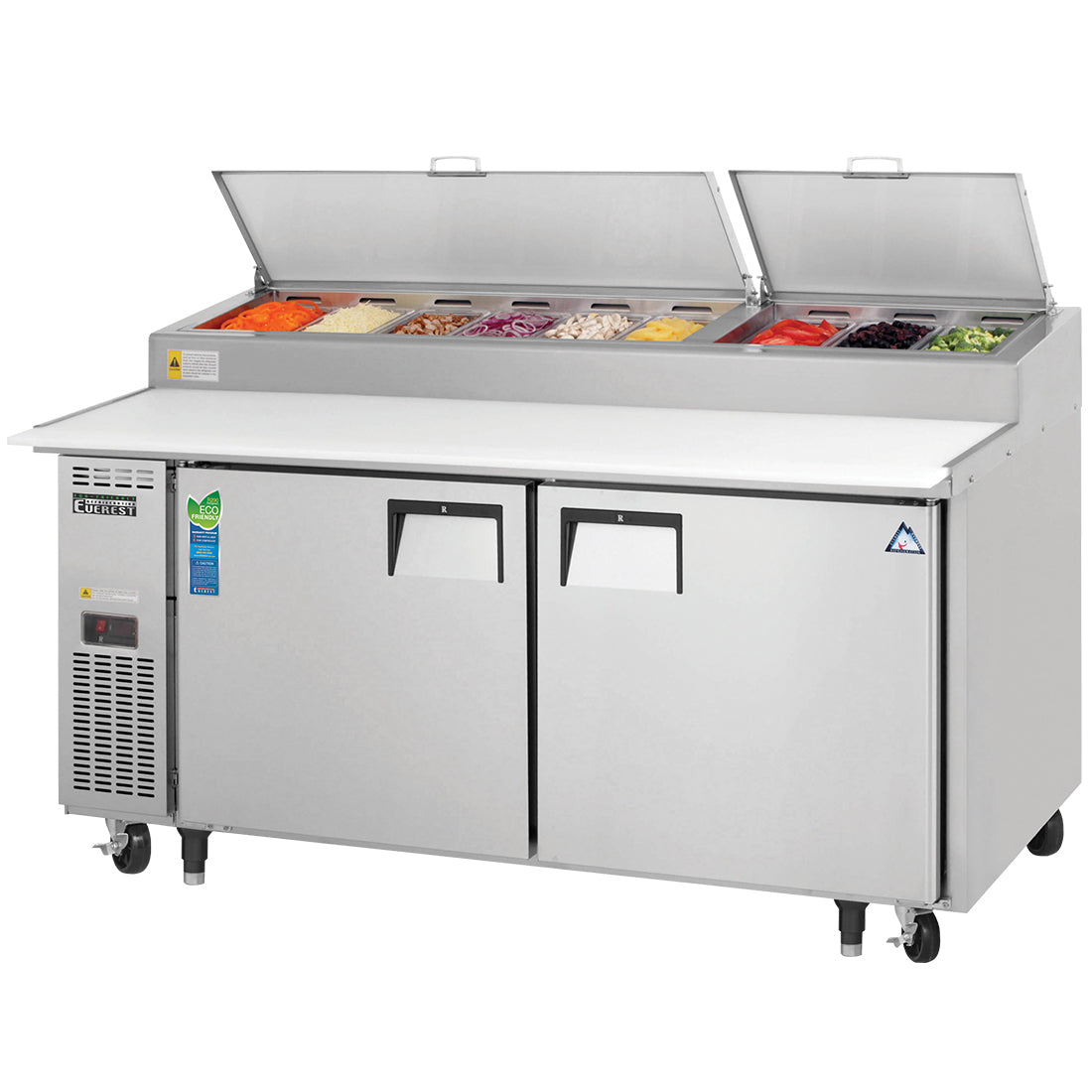 Everest EPPR2 71 In. Pizza Prep Table, Side Mount, 2 Solid Doors, 23 Cu. Ft., (9) 1/3 Size Pans, 19 1/4 In. Cutting Board