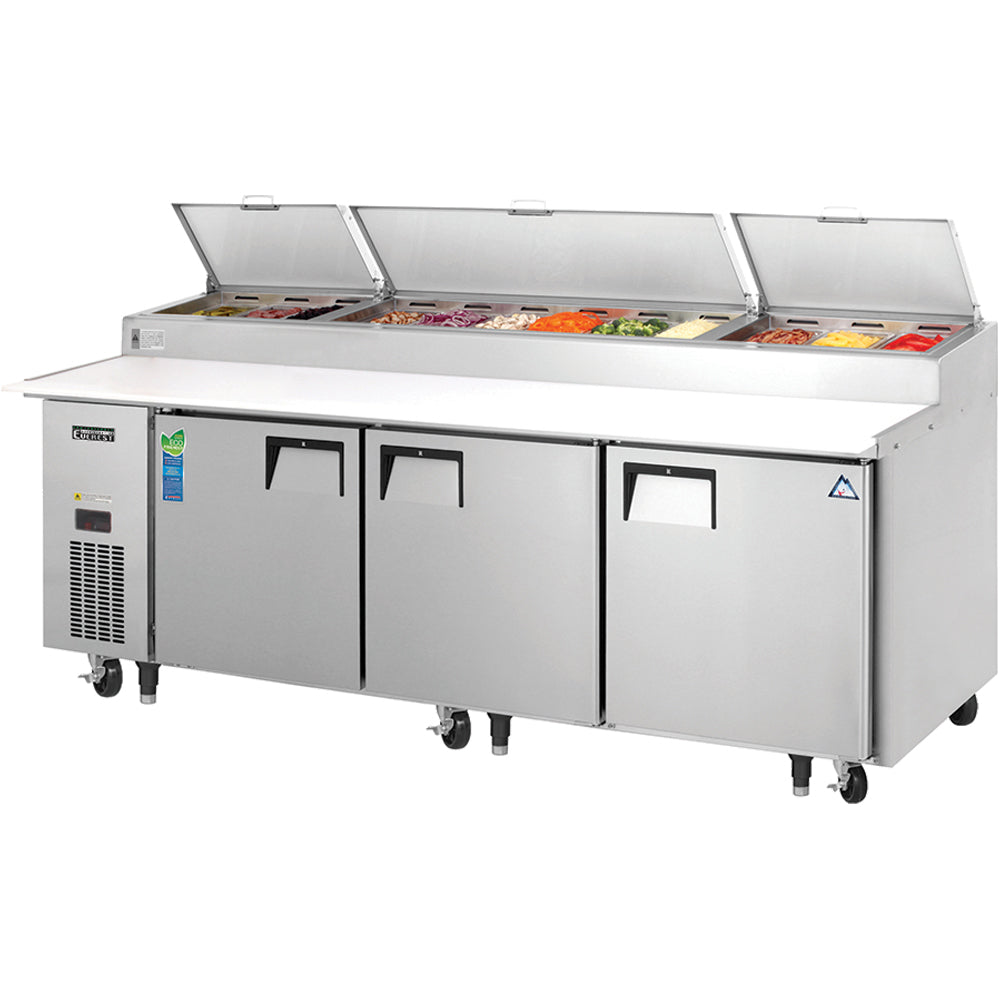 Everest EPPR3 93 In. Pizza Prep Table, Side Mount, 3 Solid Doors, 30 Cu. Ft., (12) 1/3 Size Pans, 19 1/4 In. Cutting Board