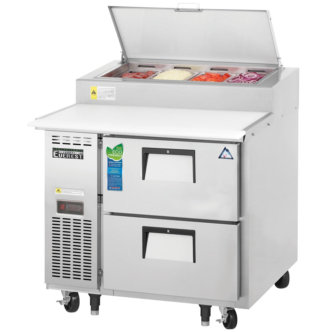 Everest EPPR1-D2 36 In. Drawered Pizza Prep Table, Side Mount, 2 Drawers, 9 Cu. Ft., (4) 1/3 Size Pans, 19 1/4 In. Cutting Board