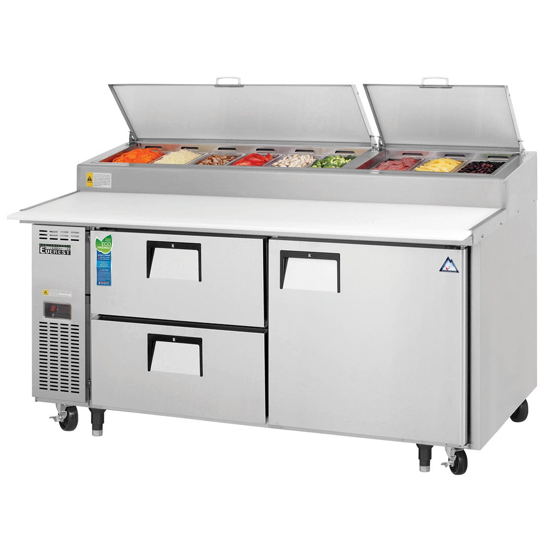 Everest EPPR2-D2 71 In. Drawered Pizza Prep Table, Side Mount, 1 Door and 2 Drawers, 23 Cu. Ft., (9) 1/3 Size Pans, 19 1/4 In. Cutting Board