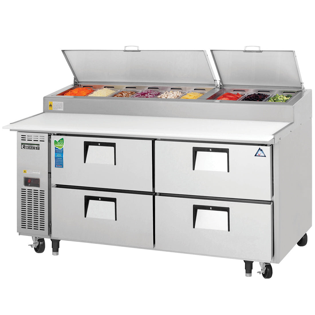 Everest EPPR2-D4 71 In. Drawered Pizza Prep Table, Side Mount, 4 Drawers, 23 Cu. Ft., (9) 1/3 Size Pans, 19 1/4 In. Cutting Board