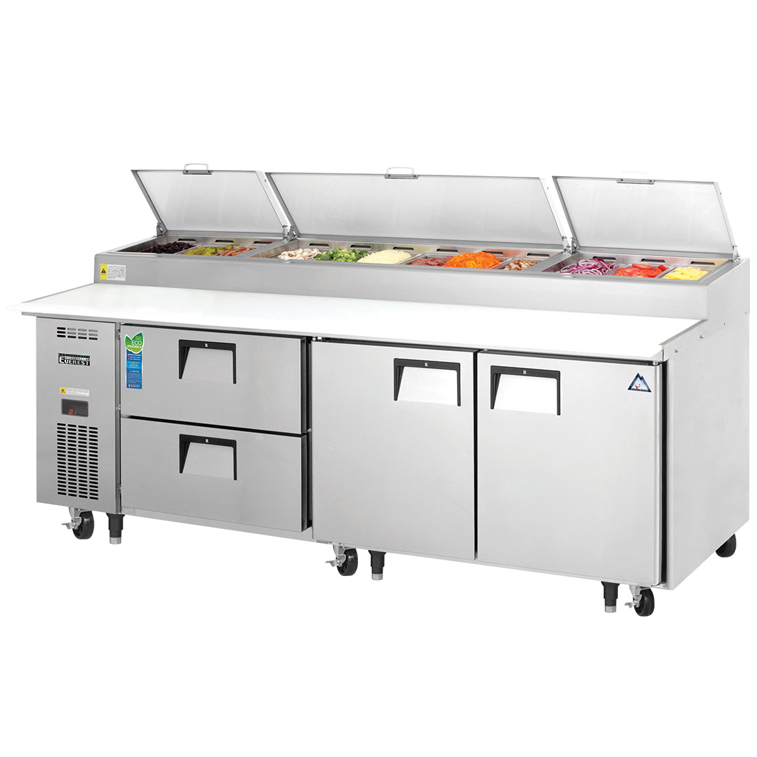 Everest EPPR3-D2 93 In. Drawered Pizza Prep Table, Side Mount, 2 Doors and 2 Drawers, 30 Cu. Ft., (12) 1/3 Size Pans, 19 1/4 In. Cutting Board