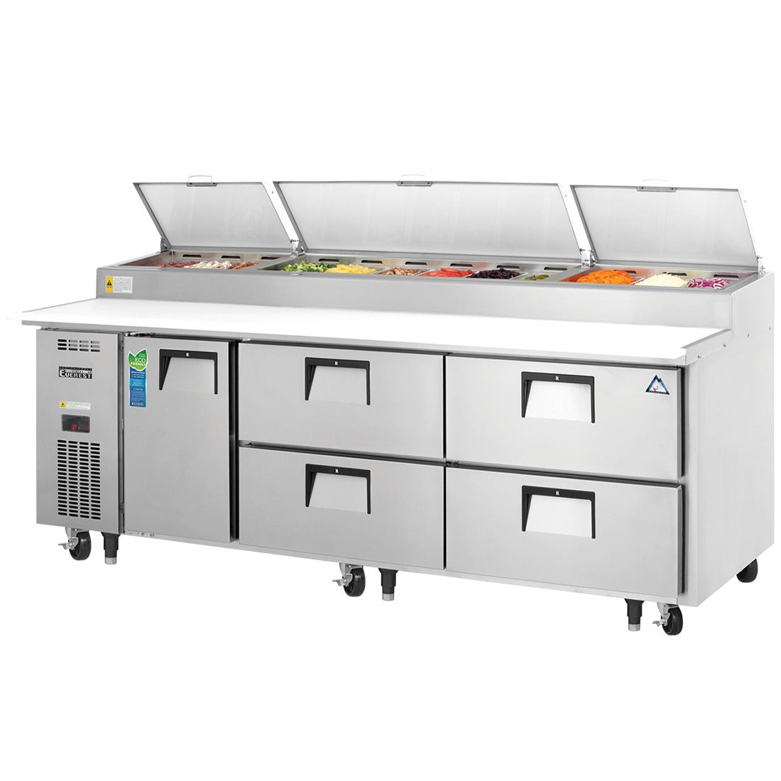 Everest EPPR3-D4 93 In. Drawered Pizza Prep Table, Side Mount, 1 Door and 4 Drawers, 30 Cu. Ft., (12) 1/3 Size Pans, 19 1/4 In. Cutting Board