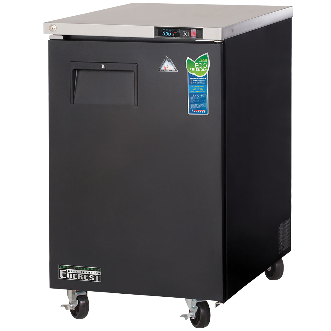 Everest EBB23 24 In. Back Bar Cooler, 1 Locking Solid Door, 8 Cu. Ft., 220 Can Capacity, Black Vinyl Exterior, LED Lighting