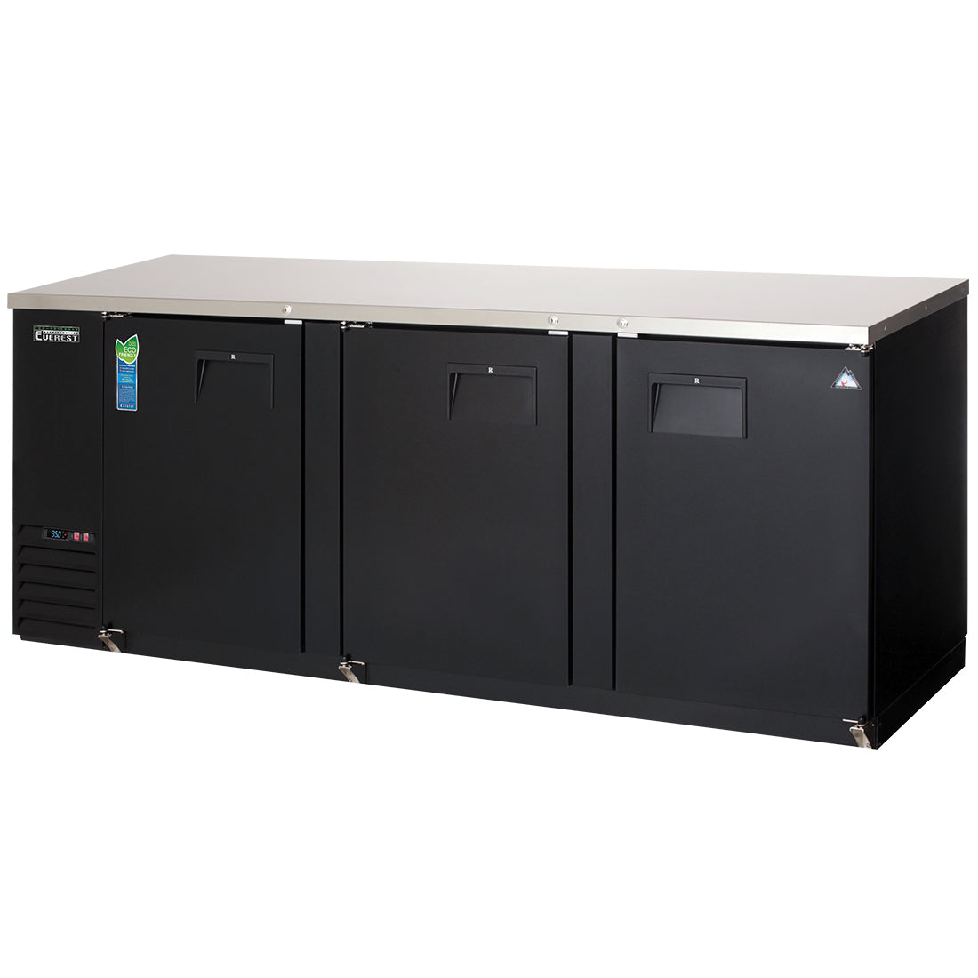 Everest EBB90 89 In. Back Bar Cooler, 3 Locking Solid Doors, 32 Cu. Ft., 1120 Can Capacity, Black Vinyl Exterior, LED Lighting