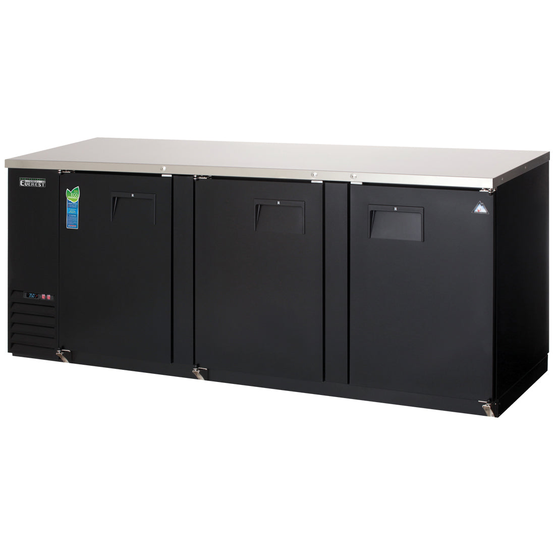 Everest EBB90-24 89 In. Back Bar Cooler, 3 Locking Solid Doors, 28 Cu. Ft., 980 Can Capacity, Black Vinyl Exterior, LED Lighting