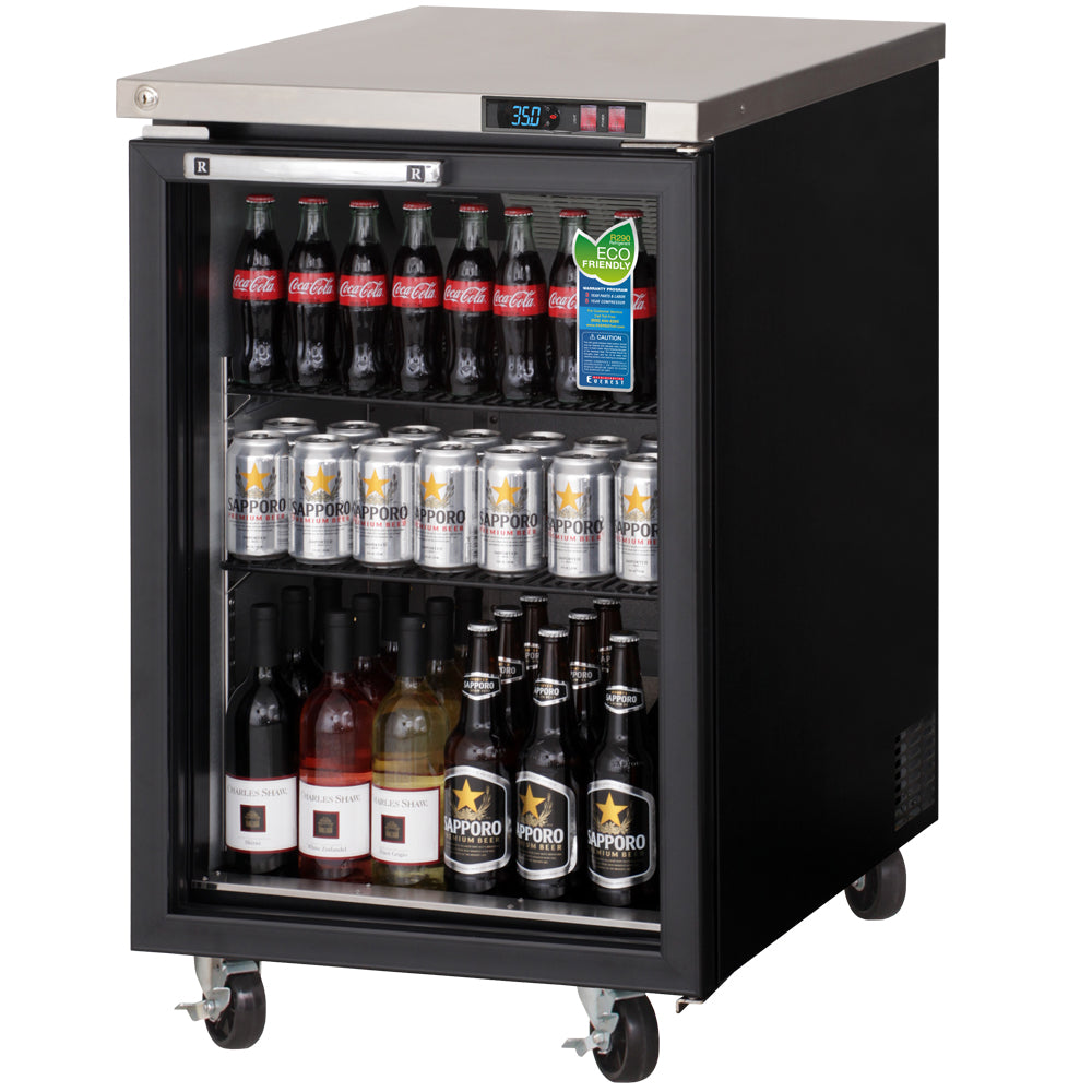 Everest EBB23G 24 In. Glass Door Back Bar Cooler, 1 Locking Glass Door, 8 Cu. Ft., 220 Can Capacity, Black Vinyl Exterior, LED Lighting