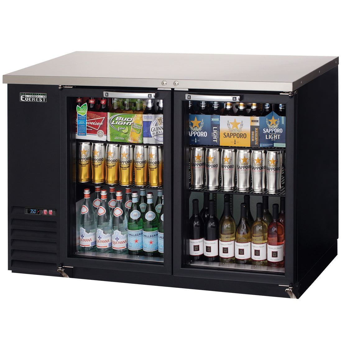 Everest EBB48G 49 In. Glass Door Back Bar Cooler, 2 Locking Glass Doors, 14 Cu. Ft., 490 Can Capacity, Black Vinyl Exterior, LED Lighting