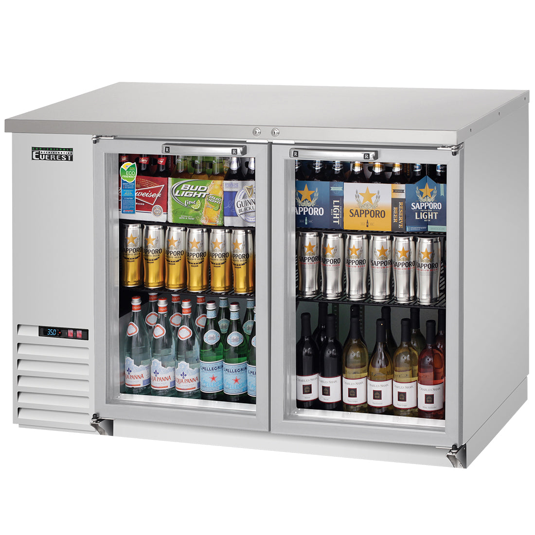 Everest EBB48G-SS 49 In. Glass Door Back Bar Cooler, 2 Locking Glass Doors, 14 Cu. Ft., 490 Can Capacity, Stainless Steel Exterior, LED Lighting