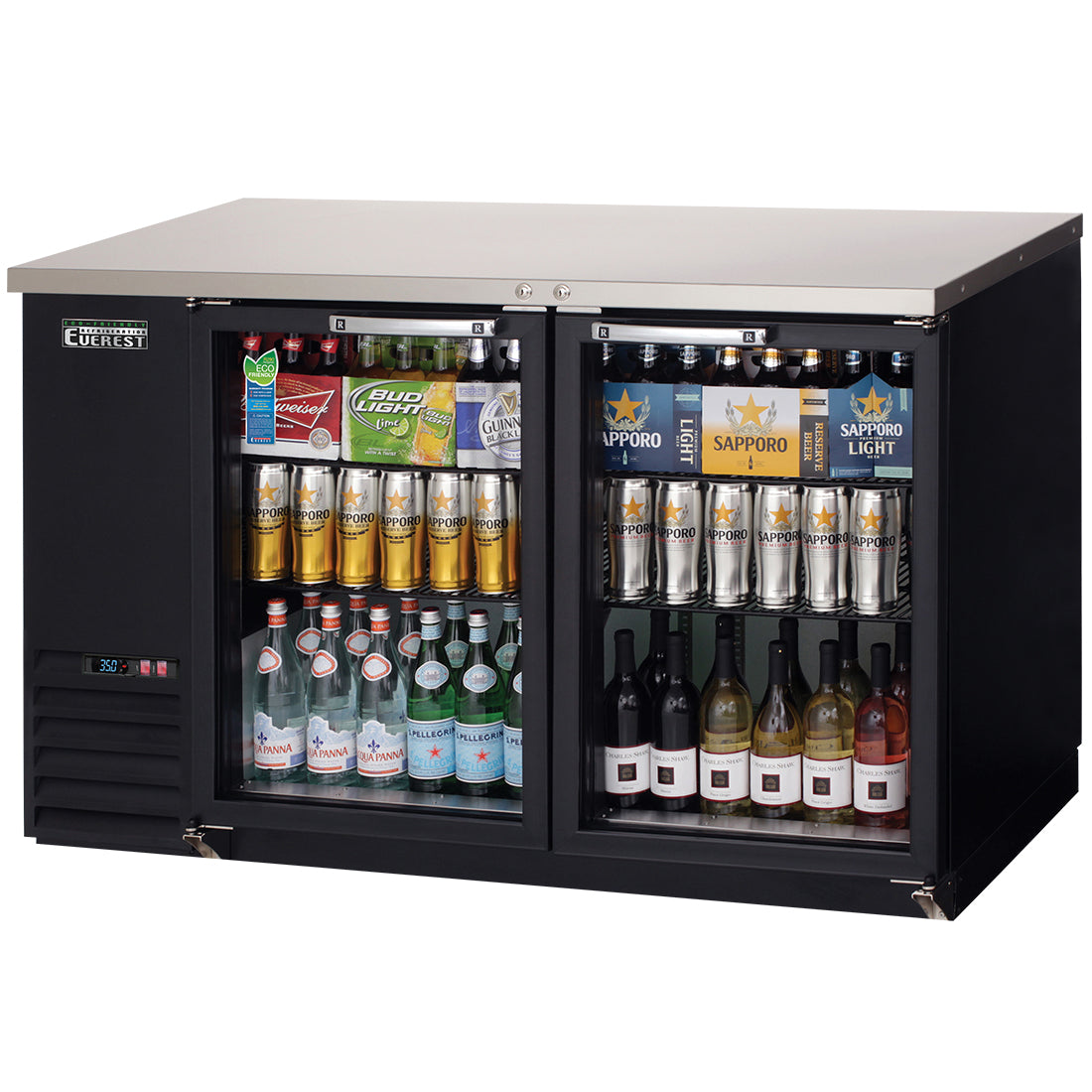 Everest EBB59G 58 In. Glass Door Back Bar Cooler, 2 Locking Glass Doors, 20 Cu. Ft., 640 Can Capacity, Black Vinyl Exterior, LED Lighting