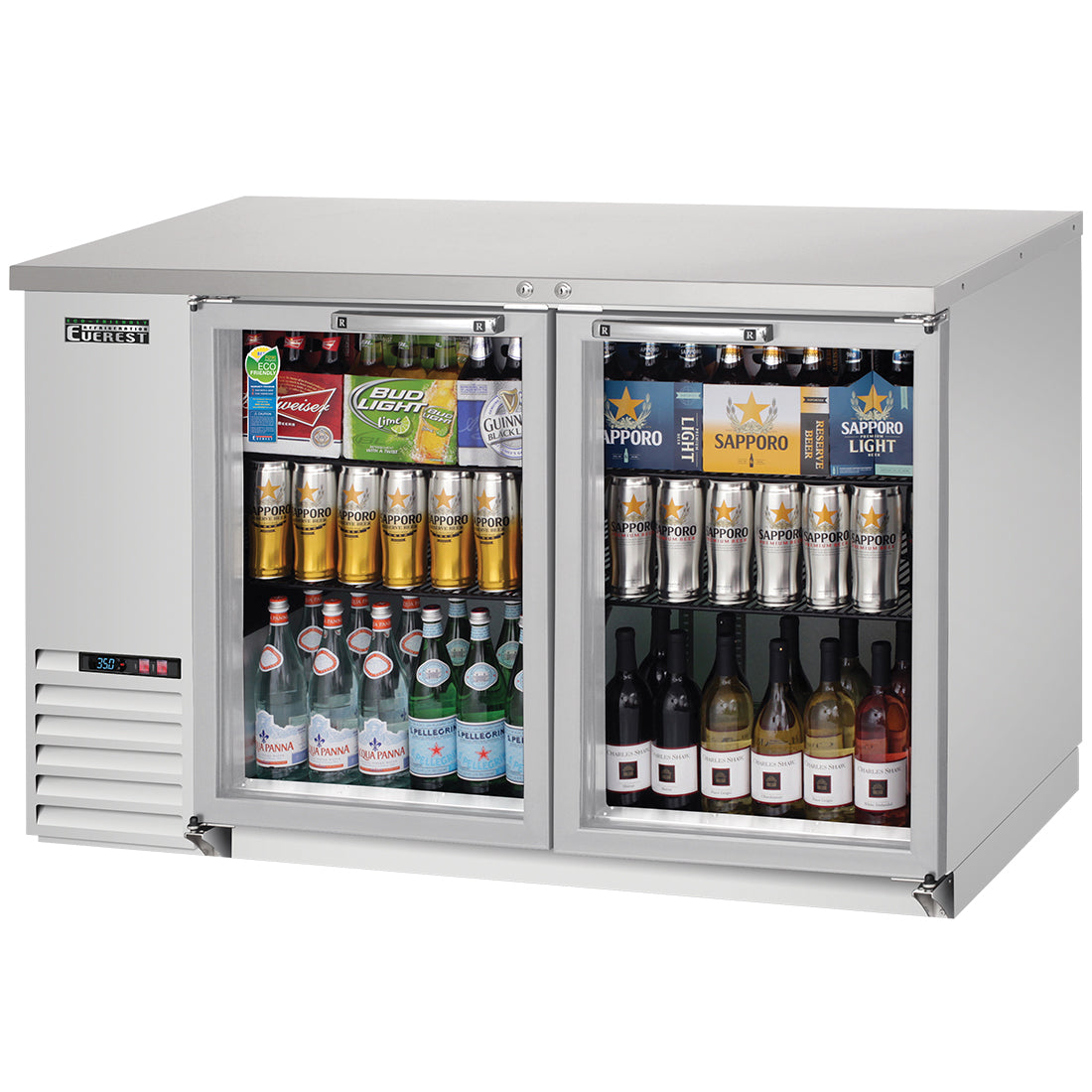 Everest EBB59G-SS 58 In. Glass Door Back Bar Cooler, 2 Locking Glass Doors, 20 Cu. Ft., 640 Can Capacity, Stainless Steel Exterior, LED Lighting