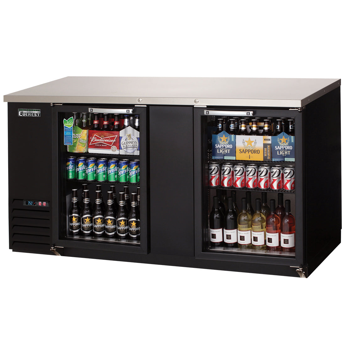 Everest EBB69G 68 In. Glass Door Back Bar Cooler, 2 Locking Glass Doors, 24 Cu. Ft., 800 Can Capacity, Black Vinyl Exterior, LED Lighting