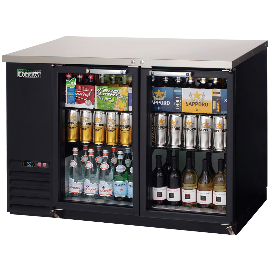 Everest EBB48G-24 49 In. Glass Door Back Bar Cooler, 2 Locking Glass Doors, 13 Cu. Ft., 420 Can Capacity, Black Vinyl Exterior, LED Lighting