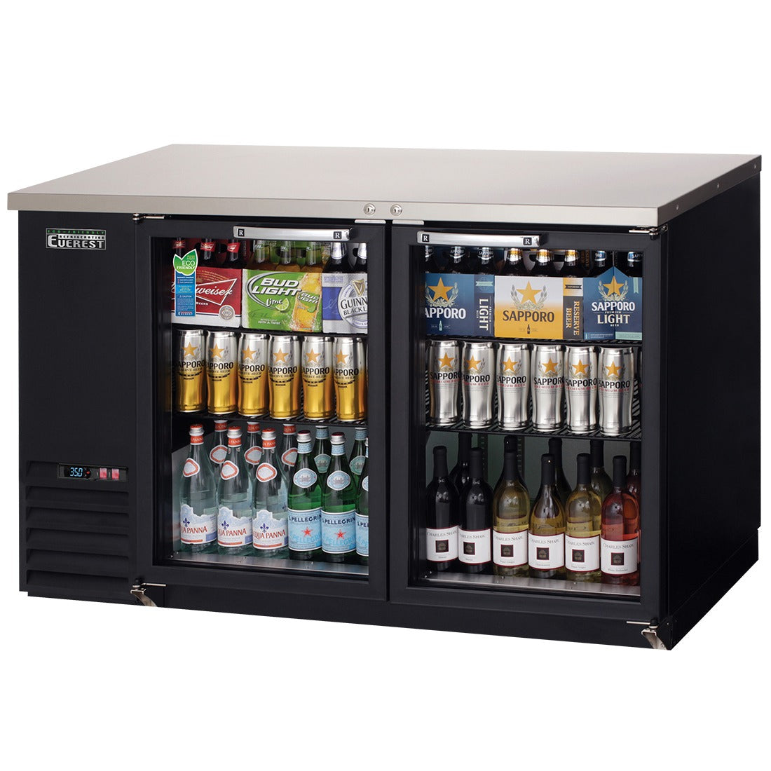 Everest EBB59G-24 58 In. Glass Door Back Bar Cooler, 2 Locking Glass Doors, 17 Cu. Ft., 560 Can Capacity, Black Vinyl Exterior, LED Lighting