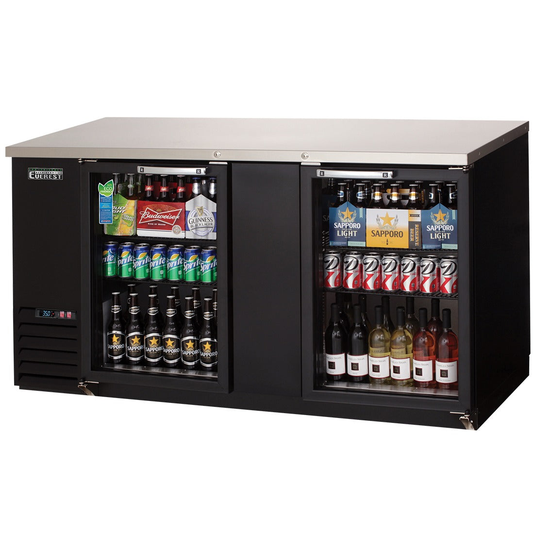 Everest EBB69G-24 68 In. Glass Door Back Bar Cooler, 2 Locking Glass Doors, 20 Cu. Ft., 700 Can Capacity, Black Vinyl Exterior, LED Lighting