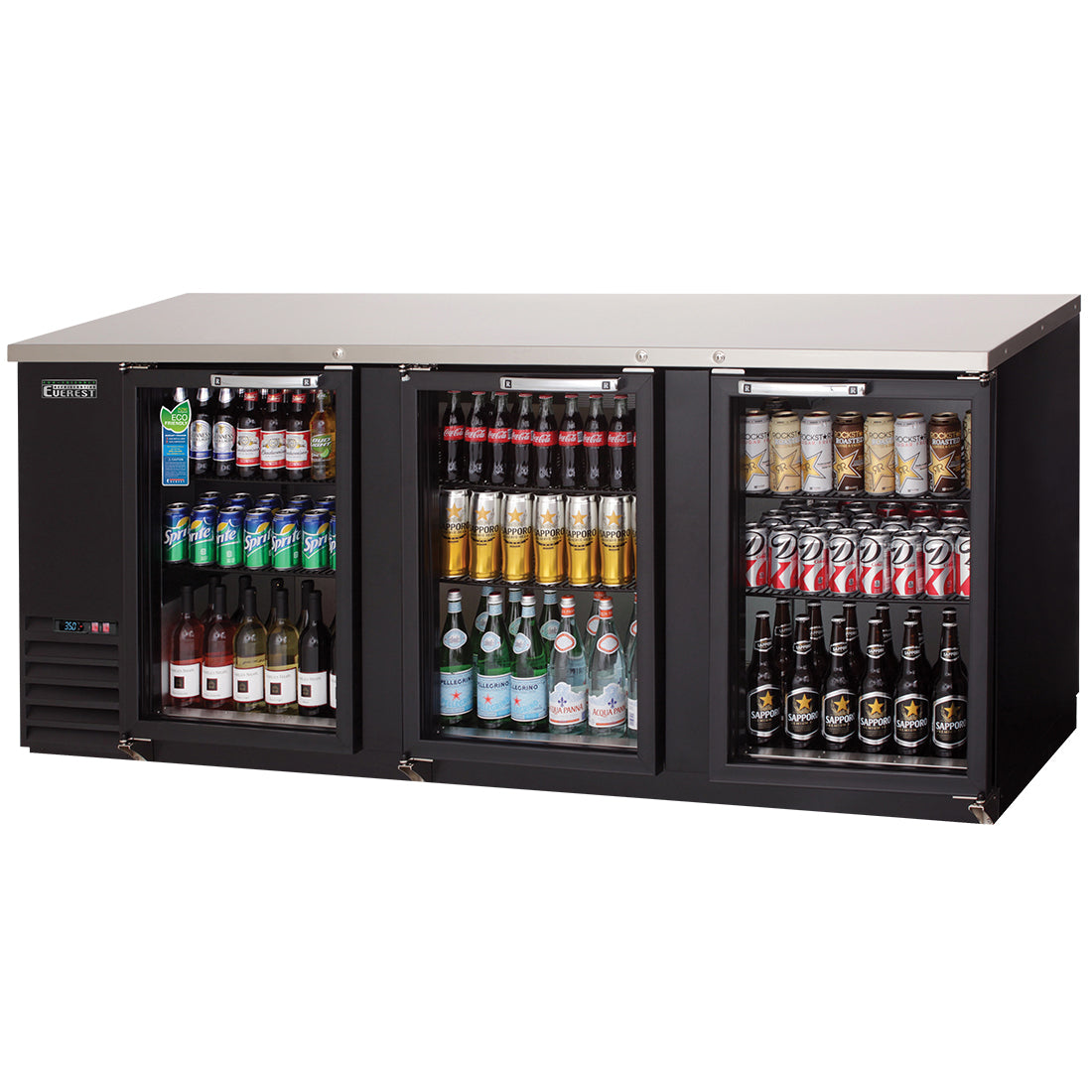 Everest EBB90G-24 89 In. Glass Door Back Bar Cooler, 3 Locking Glass Doors, 28 Cu. Ft., 980 Can Capacity, Black Vinyl Exterior, LED Lighting