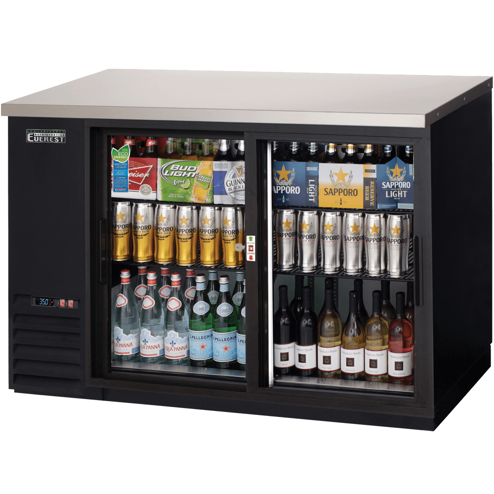 Everest EBB48G-SD 49 In. Sliding Glass Door Back Bar Cooler, 2 Self-Closing Sliding Doors, 13 Cu. Ft., 420 Can Capacity, Black Vinyl Exterior, LED Lighting