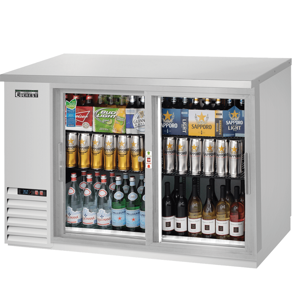 Everest EBB48G-SD-SS 49 In. Sliding Glass Door Back Bar Cooler, 2 Self-Closing Sliding Doors, 13 Cu. Ft., 420 Can Capacity, Stainless Steel Exterior, LED Lighting