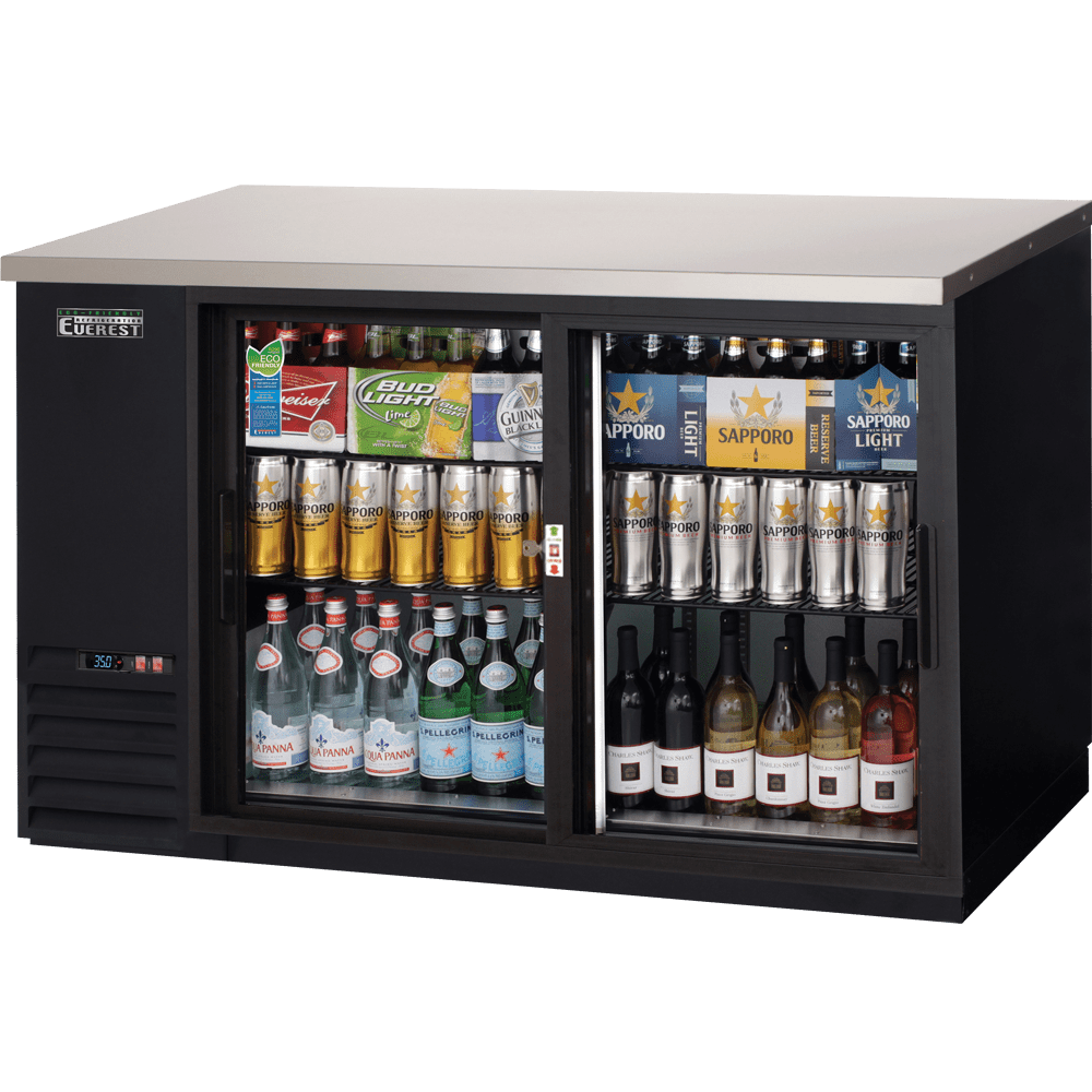 Everest EBB59G-SD 58 In. Sliding Glass Door Back Bar Cooler, 2 Self-Closing Sliding Doors, 17 Cu. Ft., 560 Can Capacity, Black Vinyl Exterior, LED Lighting