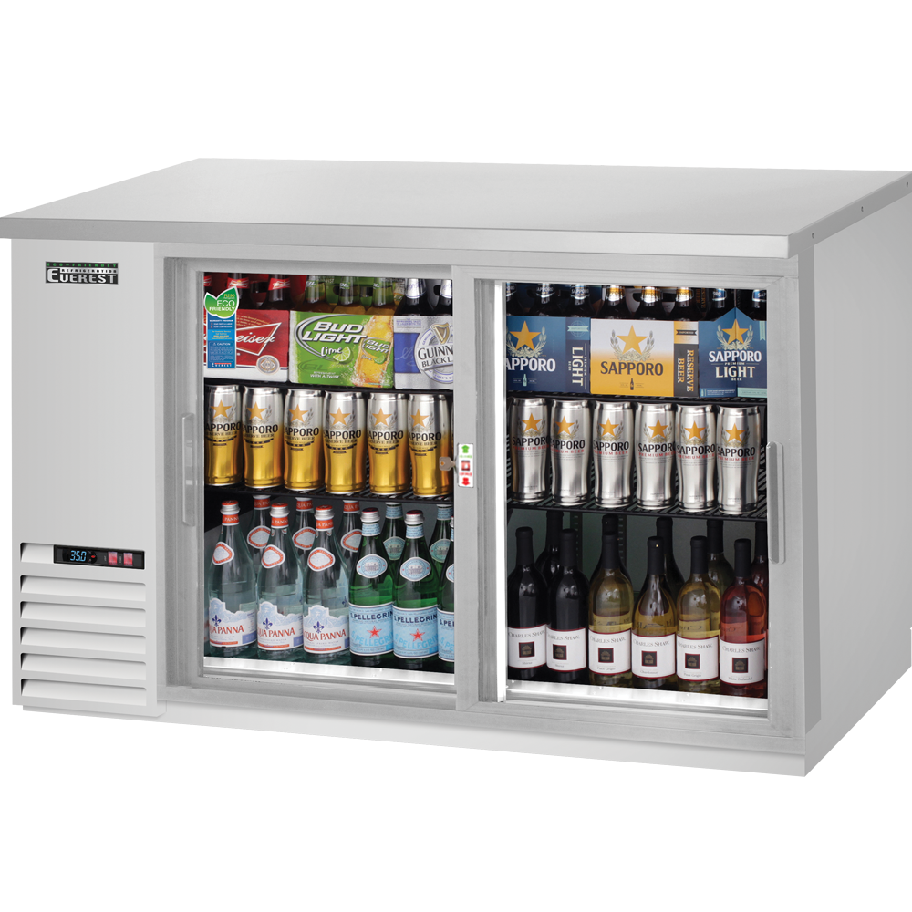 Everest EBB59G-SD-SS 58 In. Sliding Glass Door Back Bar Cooler, 2 Self-Closing Sliding Doors, 17 Cu. Ft., 560 Can Capacity, Stainless Steel Exterior, LED Lighting