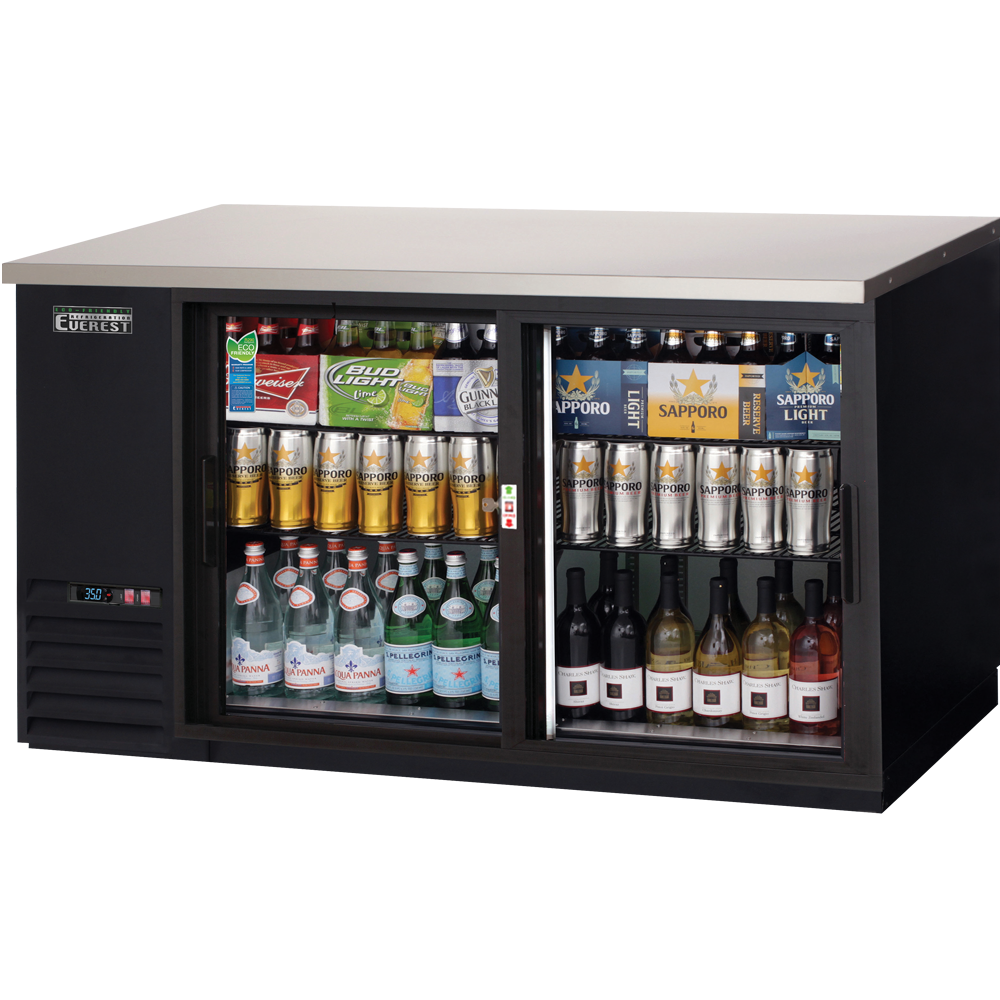 Everest EBB69G-SD 68 In. Sliding Glass Door Back Bar Cooler, 2 Self-Closing Sliding Doors, 20 Cu. Ft., 700 Can Capacity, Black Vinyl Exterior, LED Lighting