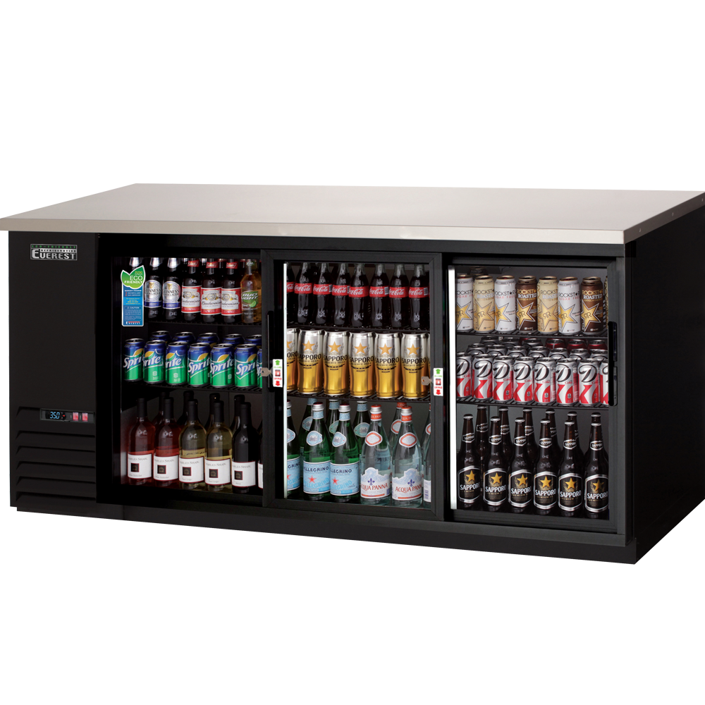 Everest EBB90G-SD 89 In. Sliding Glass Door Back Bar Cooler, 3 Self-Closing Sliding Doors, 28 Cu. Ft., 980 Can Capacity, Black Vinyl Exterior, LED Lighting