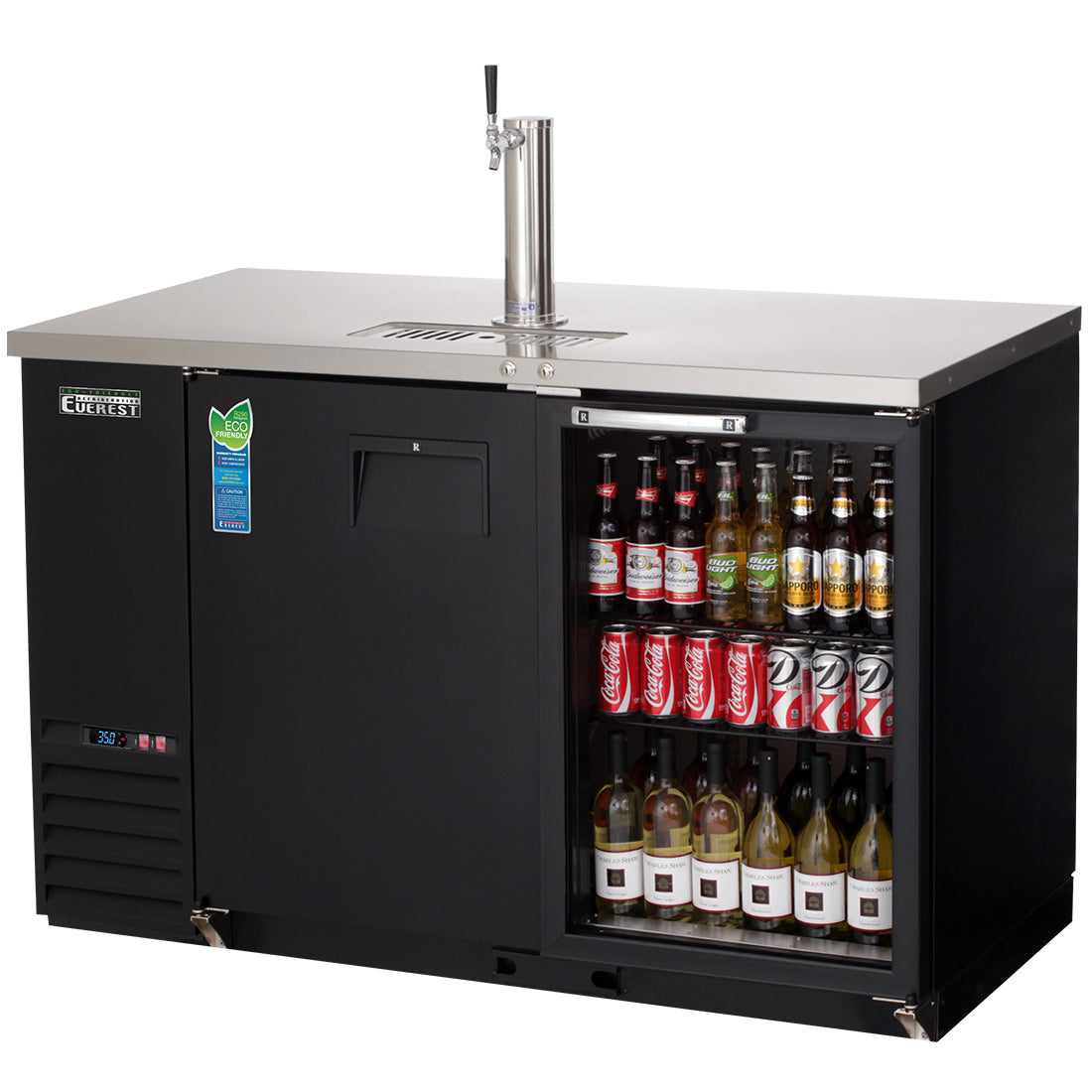 Everest EBD2-BBG 58 In. Back Bar and Direct Draw Keg Refrigerator, 1 Half Barrel Keg, Single Faucet Draft Arm, Glass Display Door, Black Vinyl Exterior
