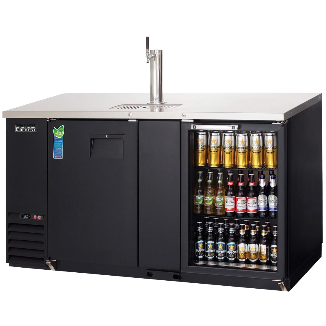 Everest EBD3-BBG 68 In. Back Bar and Direct Draw Keg Refrigerator, 2 Kegs (1/2 + 1/4 Slim), Single Faucet Draft Arm, Glass Display Door, Black Vinyl Exterior