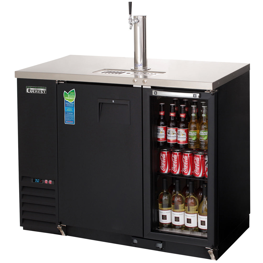Everest EBDS2-BBG-24 49 In. Back Bar and Direct Draw Keg Refrigerator, 24 In. Depth, 1 Half Barrel Keg, Single Faucet Draft Arm, Glass Display Door, Black Vinyl Exterior