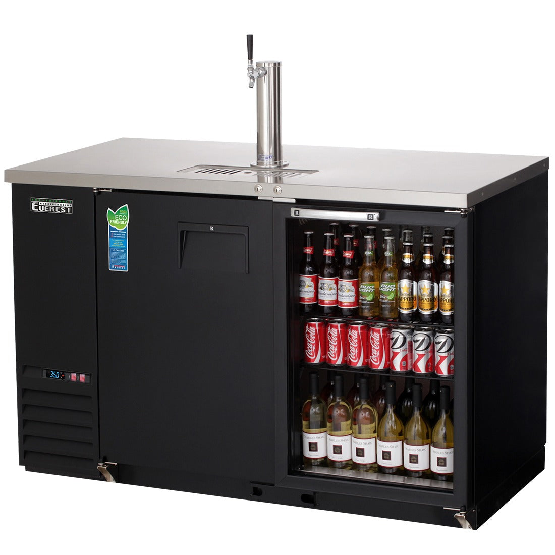 Everest EBD2-BBG-24 58 In. Back Bar and Direct Draw Keg Refrigerator, 24 In. Depth, 1 Half Barrel Keg, Single Faucet Draft Arm, Glass Display Door, Black Vinyl Exterior