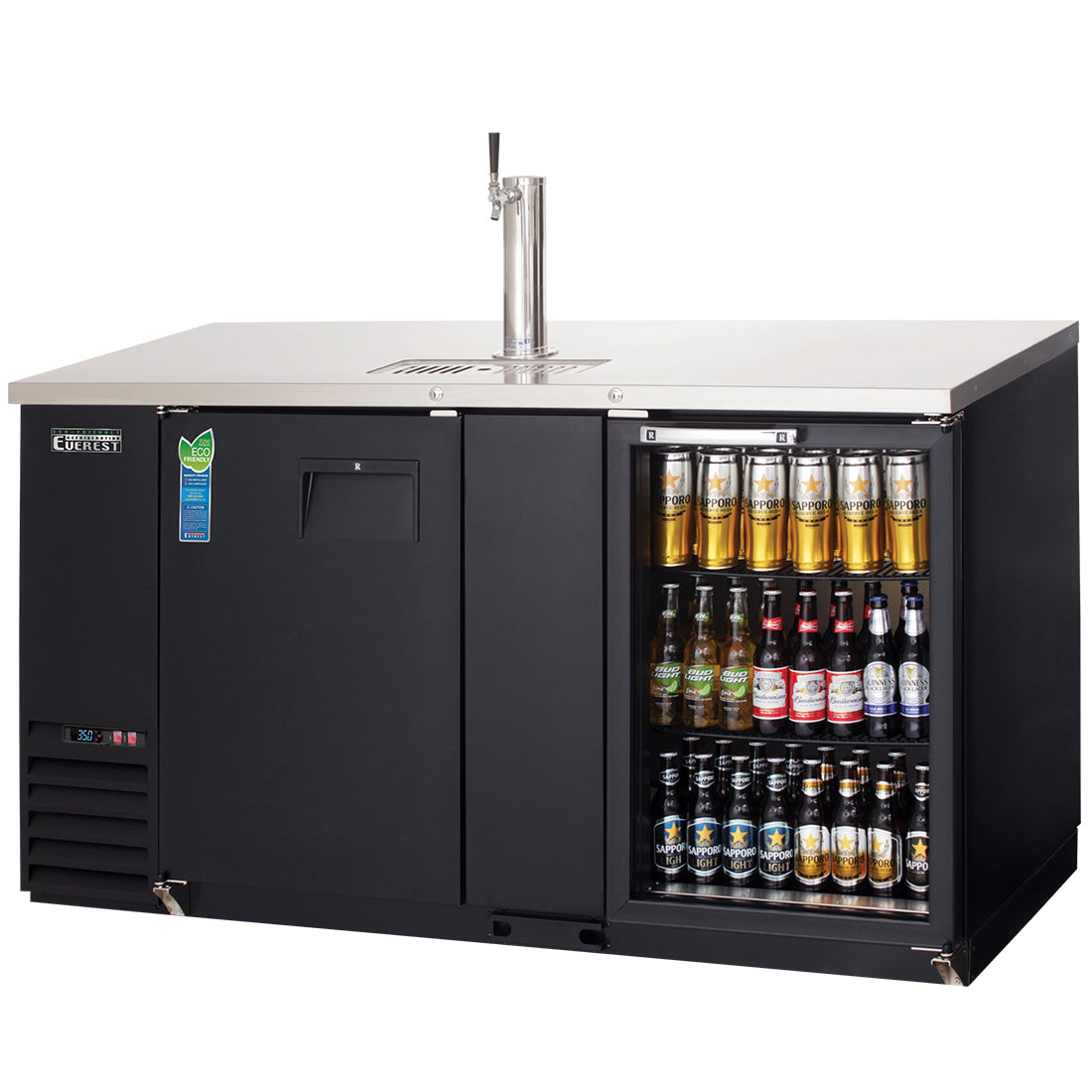 Everest EBD3-BBG-24 68 In. Back Bar and Direct Draw Keg Refrigerator, 24 In. Depth, 2 Kegs (1/2 + 1/4 Slim), Single Faucet Draft Arm, Glass Display Door, Black Vinyl Exterior