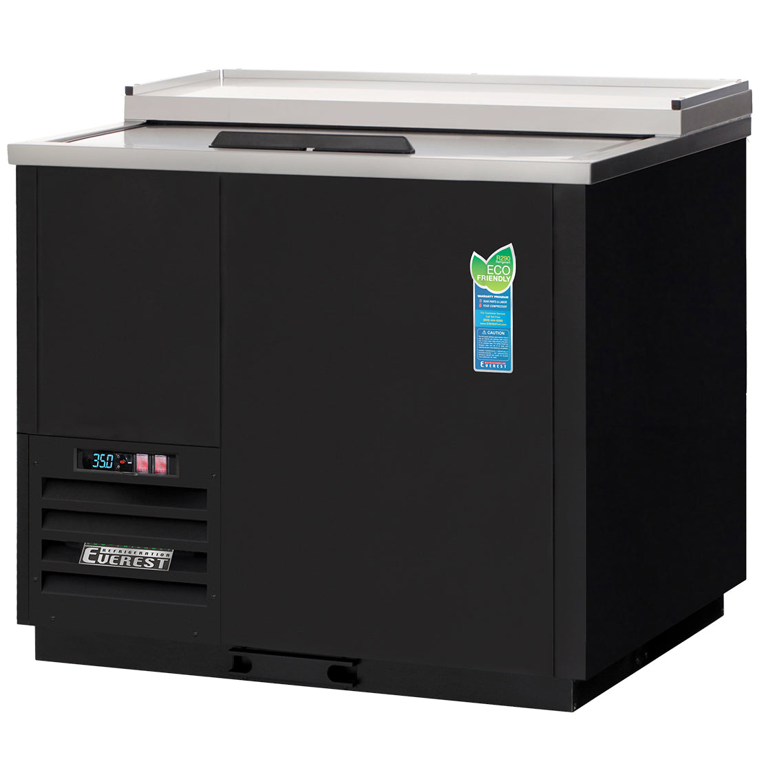 Everest EGC37 37 In. Glass and Plate Chiller, 1 Locking Solid Slide Lid, 11 Cu. Ft., 160 Mug Capacity, Black Vinyl Exterior, LED Lighting