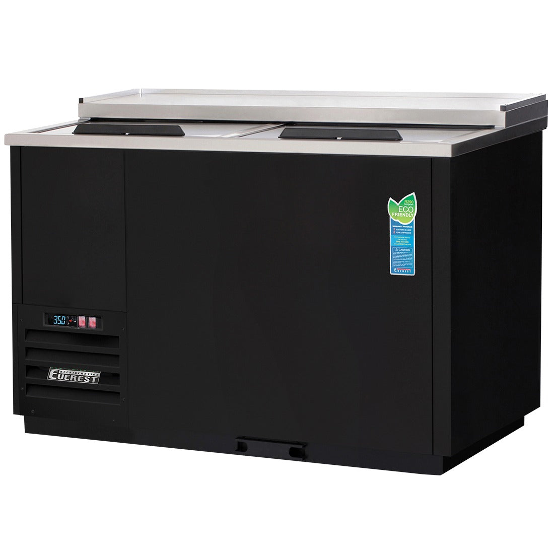 Everest EGC50 50 In. Glass and Plate Chiller, 2 Locking Solid Slide Lids, 15 Cu. Ft., 230 Mug Capacity, Black Vinyl Exterior, LED Lighting