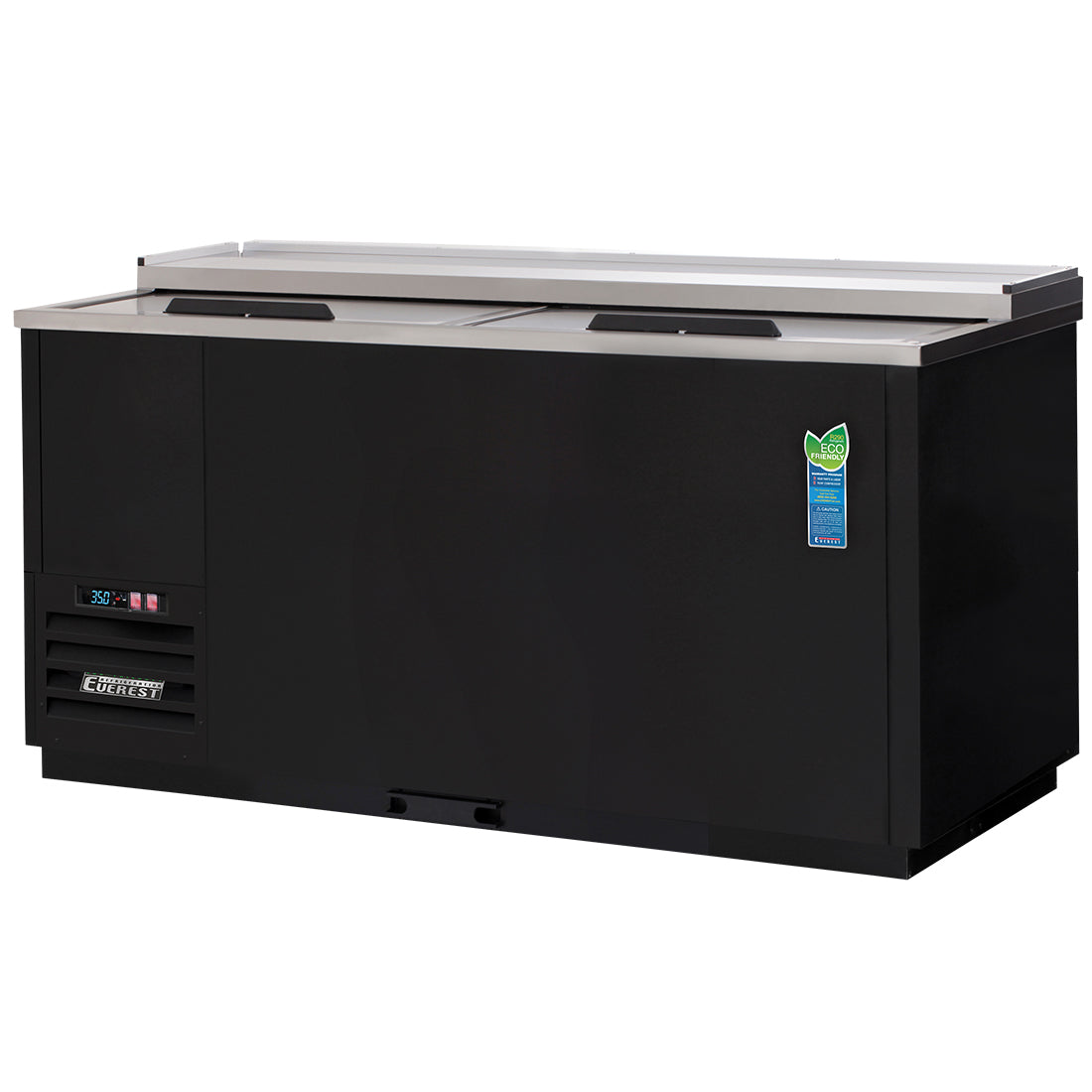 Everest EGC65 65 In. Glass and Plate Chiller, 2 Locking Solid Slide Lids, 21 Cu. Ft., 290 Mug Capacity, Black Vinyl Exterior, LED Lighting