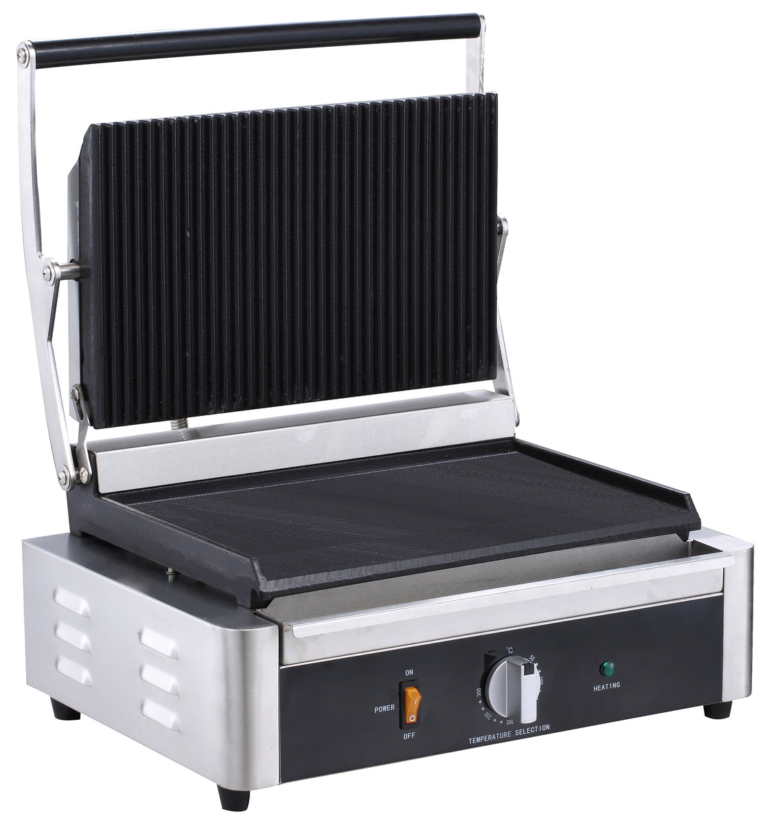 Serv-Ware EPG-100GF 17 In. Single Panini Grill, Grooved Top, Flat Bottom Cast Iron Plates, Adjustable Temperature