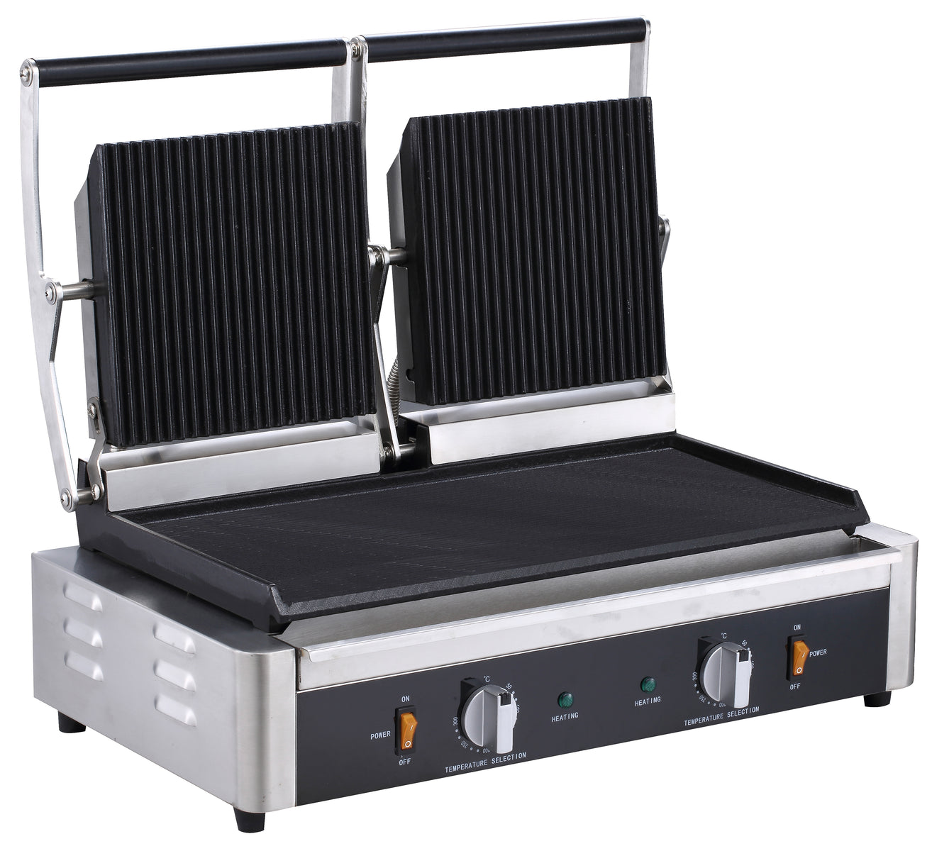 Serv-Ware EPG-200GF 22 In. Double Panini Grill, Grooved Top, Flat Bottom Cast Iron Plates, Independent Plate Controls