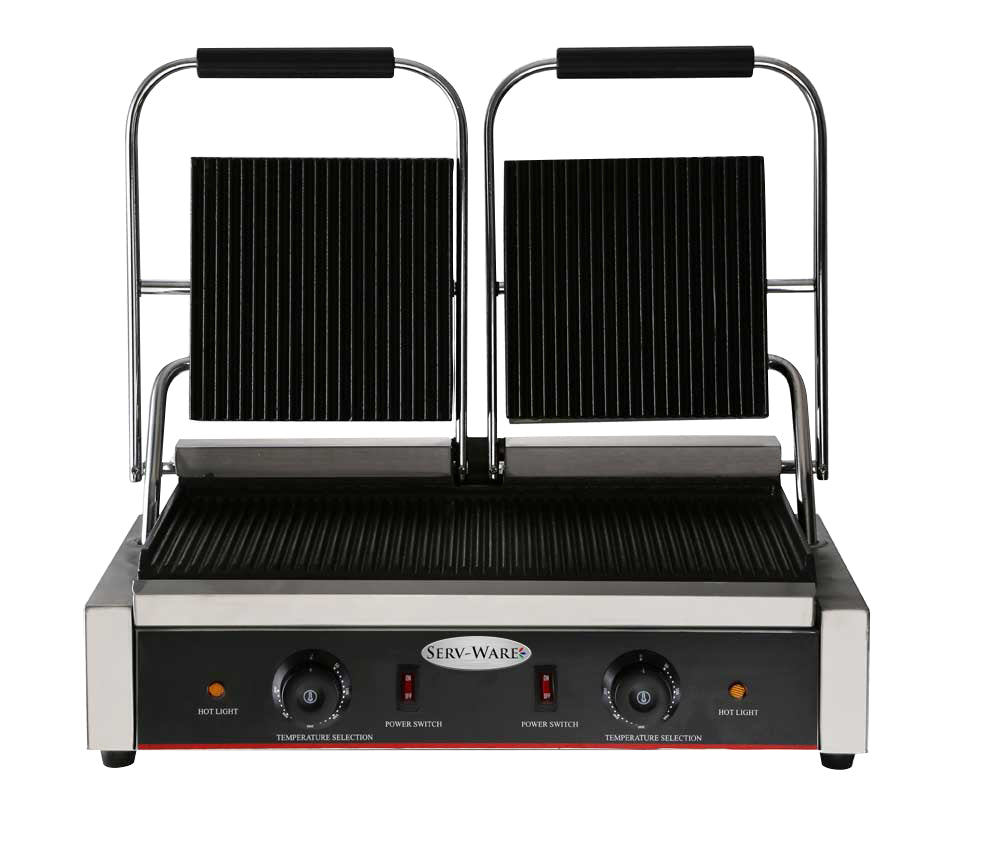 Serv-Ware EPG-200GG 22 In. Double Panini Grill, Grooved Top and Bottom Cast Iron Plates, Independent Plate Controls