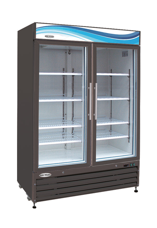 Serv-Ware GF48B-HC 54 In. Two-Door Glass Merchandiser Freezer, Black Cabinet, Low-E Double-Pane Glass, LED Lighting