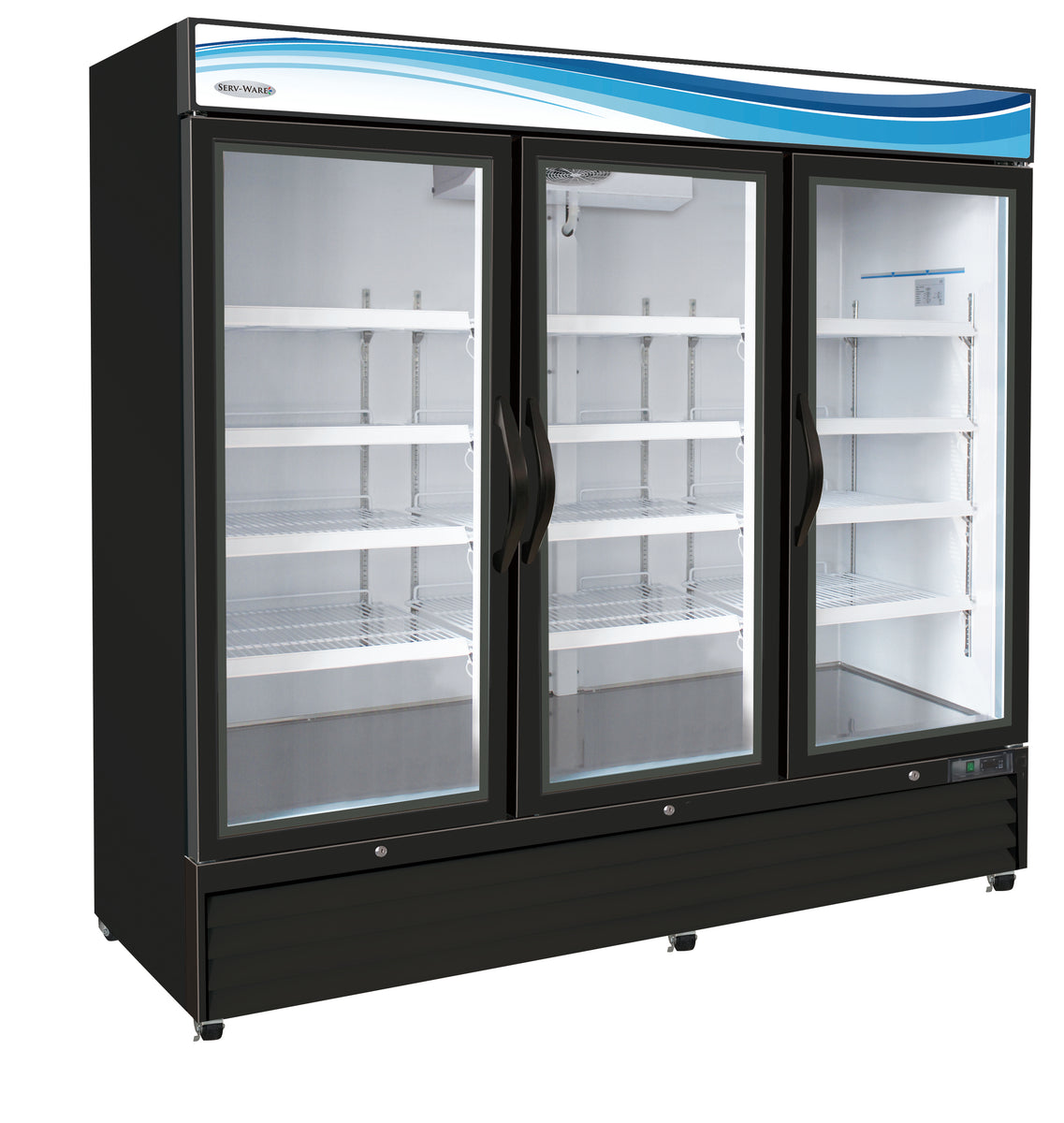 Serv-Ware GF72B-HC 81 In. Three-Door Glass Merchandiser Freezer, Black Cabinet, Low-E Double-Pane Glass, LED Lighting