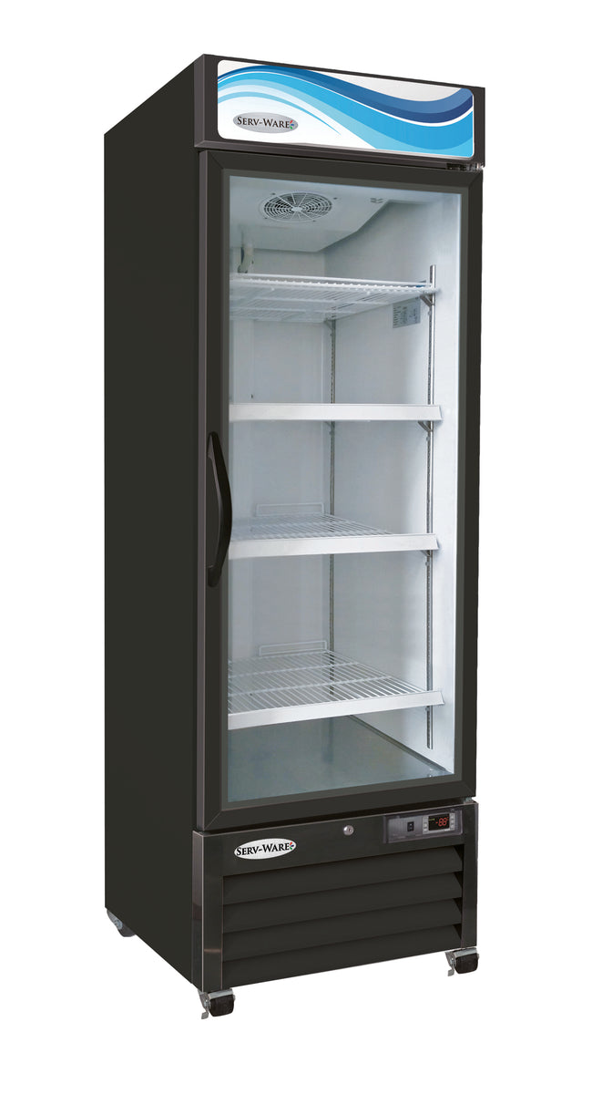 Serv-Ware GR23B-HC 27 In. One-Door Glass Door Merchandiser Refrigerator, 23 Cu. Ft., Black Exterior, Self-Closing Glass Doors