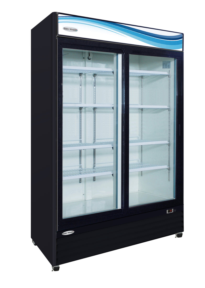 Serv-Ware GR48SB-HC 54 In. Two-Door Sliding Glass Door Merchandiser Refrigerator, 48 Cu. Ft., Black Exterior, Self-Closing Glass Doors