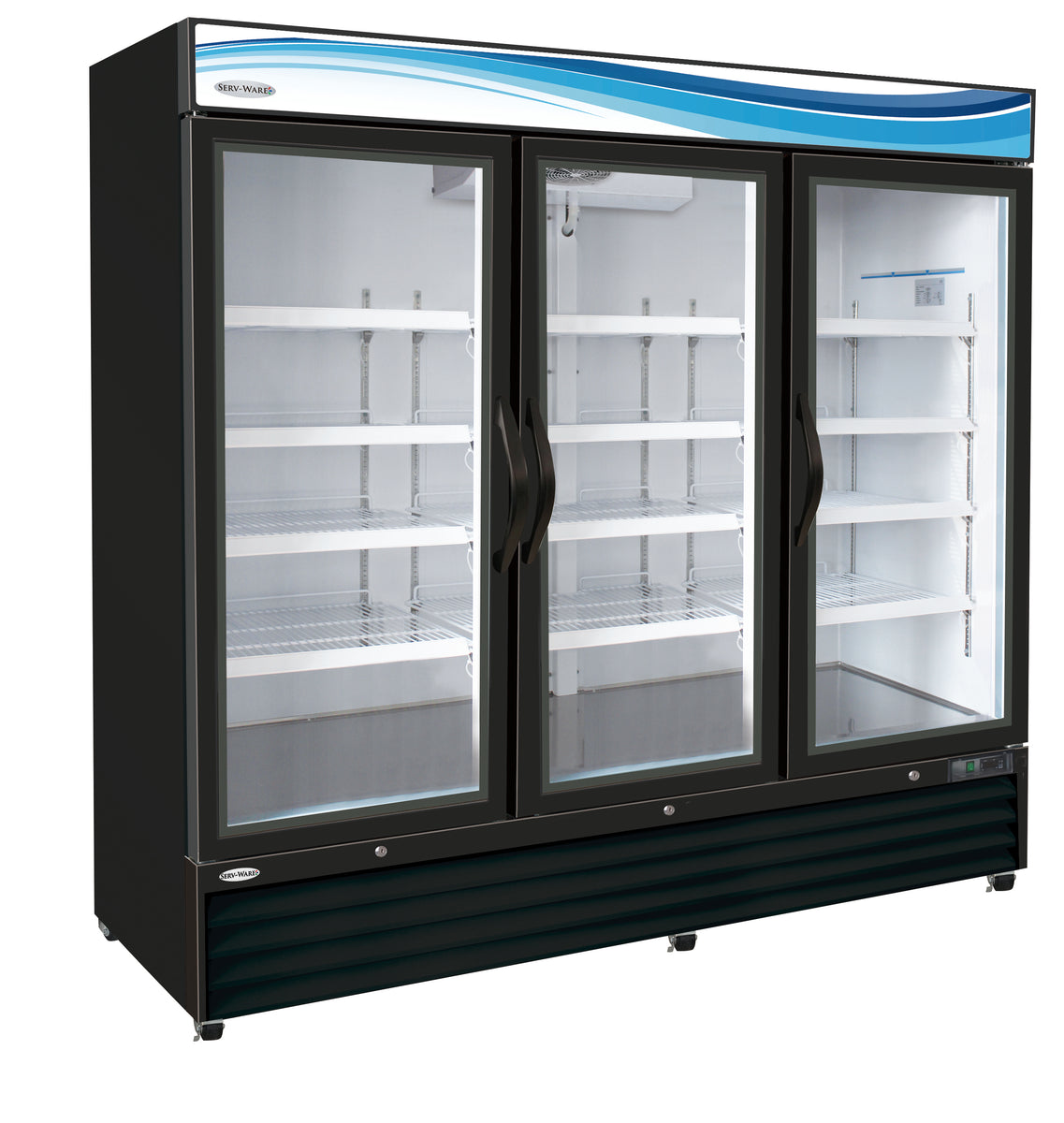 Serv-Ware GR72B-HC 81 In. Three-Door Glass Door Merchandiser Refrigerator, 72 Cu. Ft., Black Exterior, Self-Closing Glass Doors