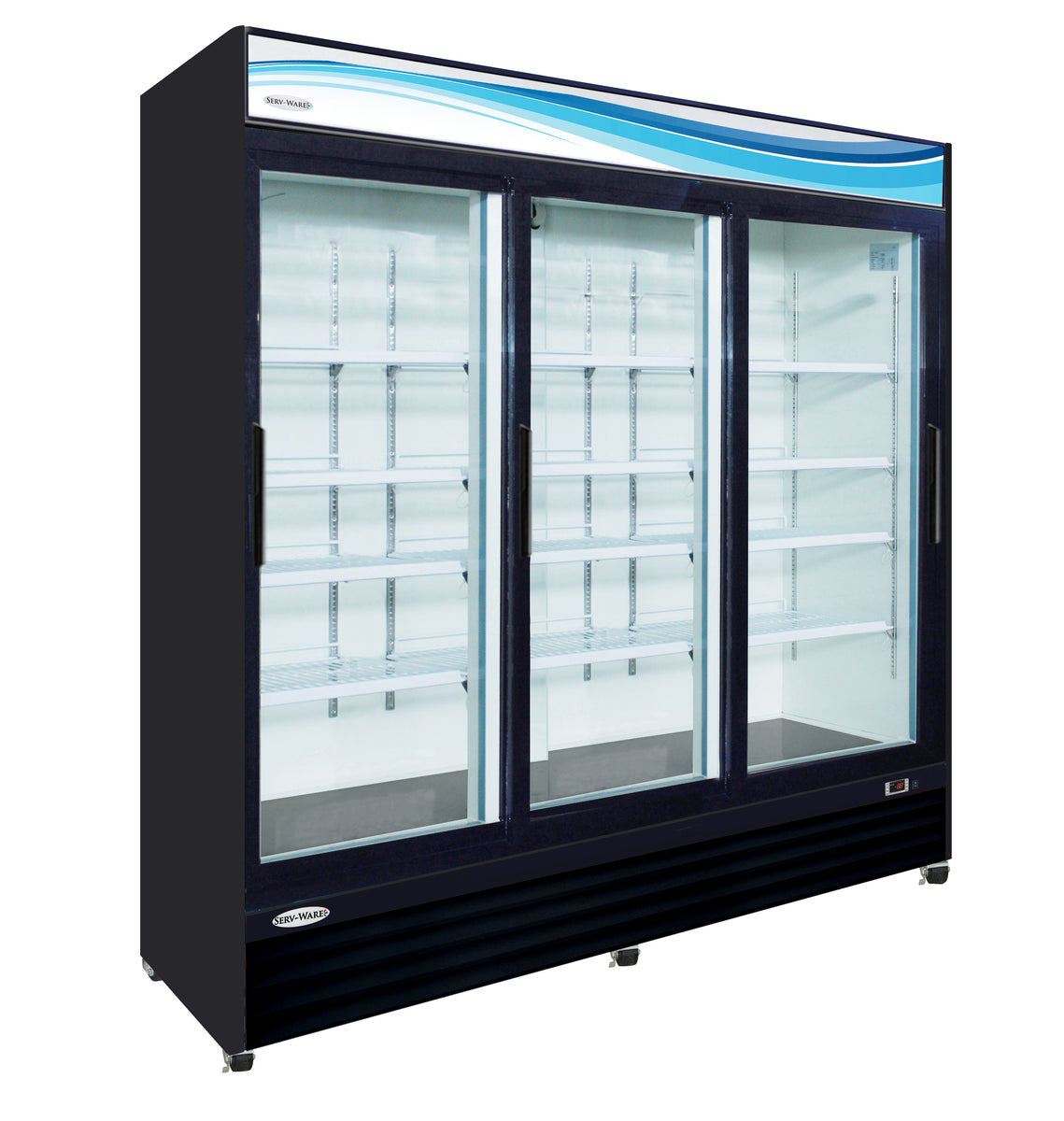Serv-Ware GR72SB-HC 81 In. Three-Door Sliding Glass Door Merchandiser Refrigerator, 72 Cu. Ft., Black Exterior, Self-Closing Glass Doors